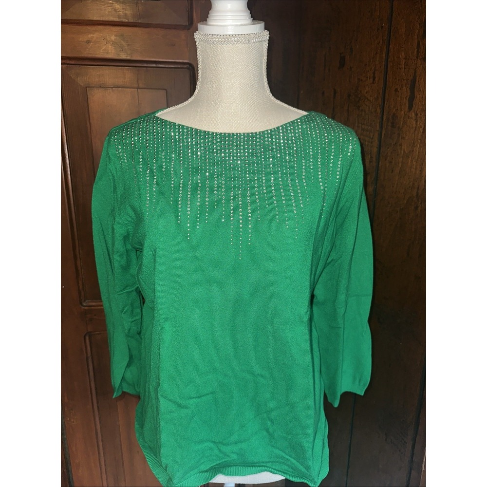 Ruby Rd. Womens XL Pullover Top Sweater Green Embellished Diamond Jewels EUC